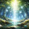 精霊の光に包まれる森