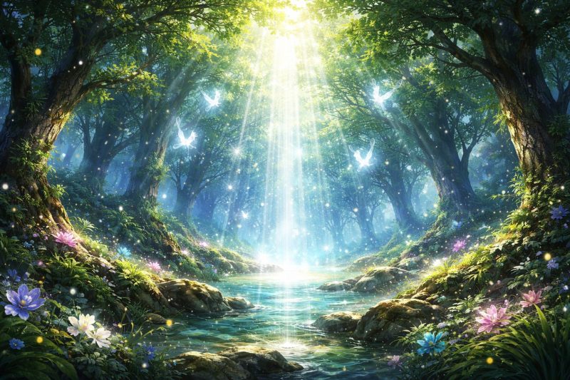 精霊の光に包まれる森