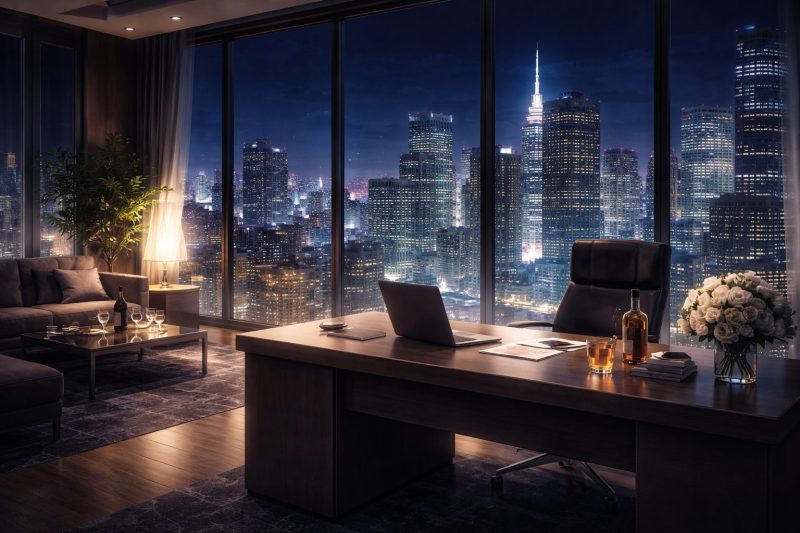 夜のオフィスと都会の灯り