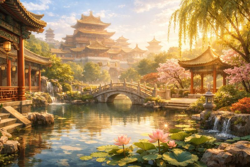 後宮の朝光あふれる中庭