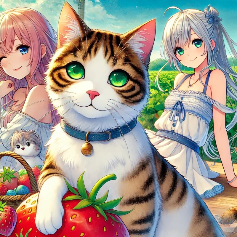 猫と少女たちの漫画風イラスト