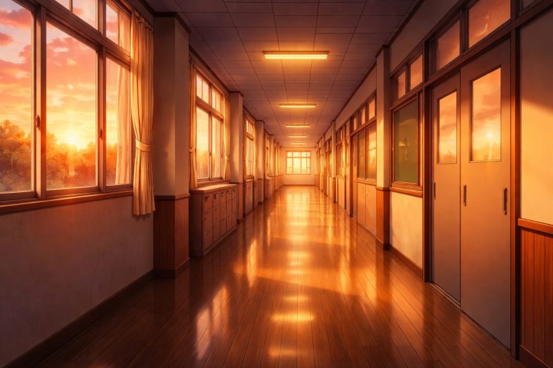 夕暮れの校舎廊下