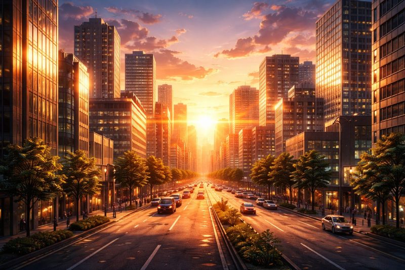 解放感のある夕暮れの街並み