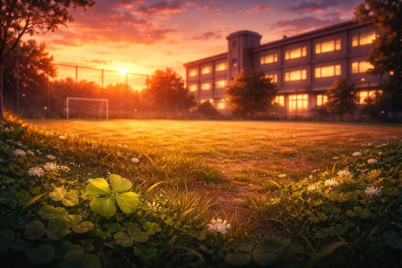 夕暮れの校庭と四葉