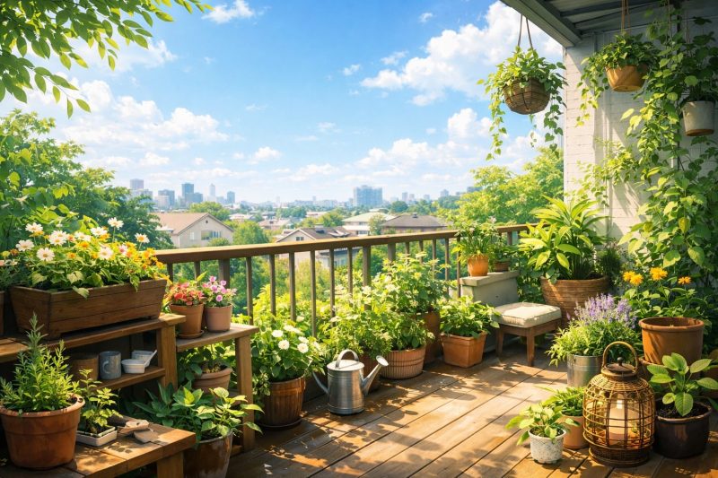 植物に囲まれた静かなベランダ