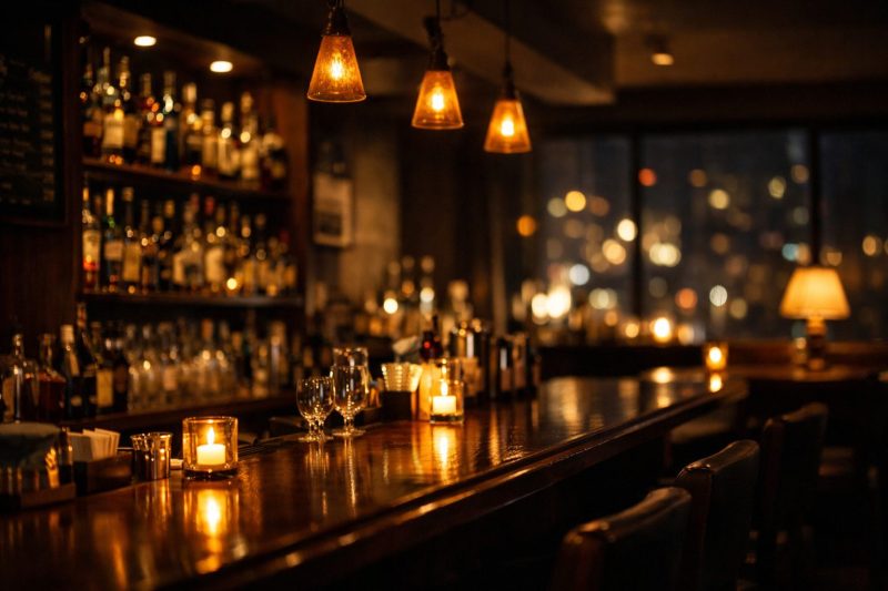 静かなバーの夜景と灯り