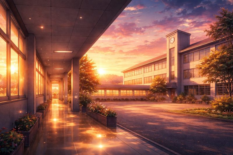 夕暮れの静かな校舎と空
