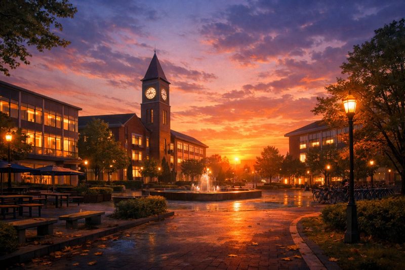 大学キャンパスの夕暮れ