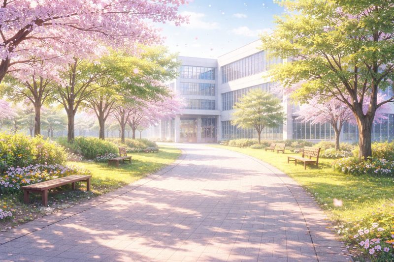 春の光差す静かな大学キャンパス