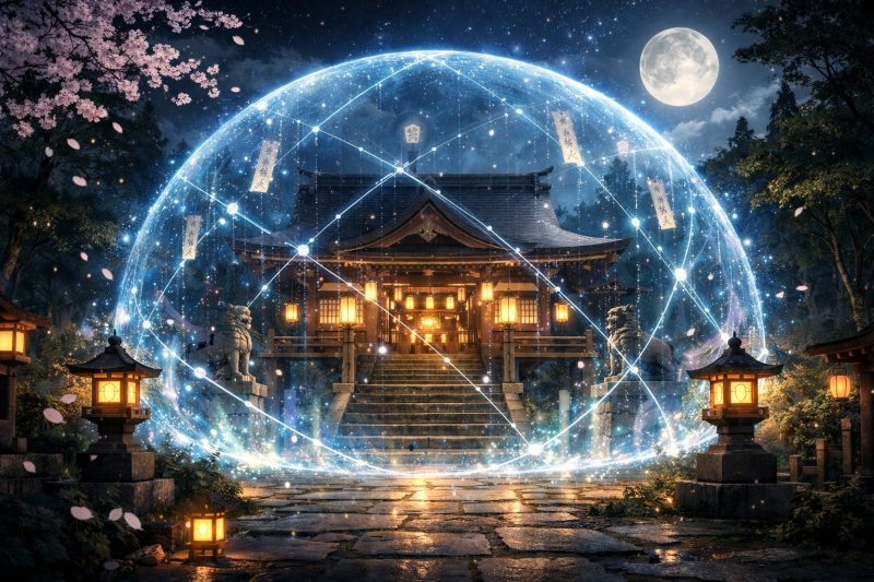 結界が輝く夜の神社