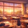 放課後の教室と夕焼け