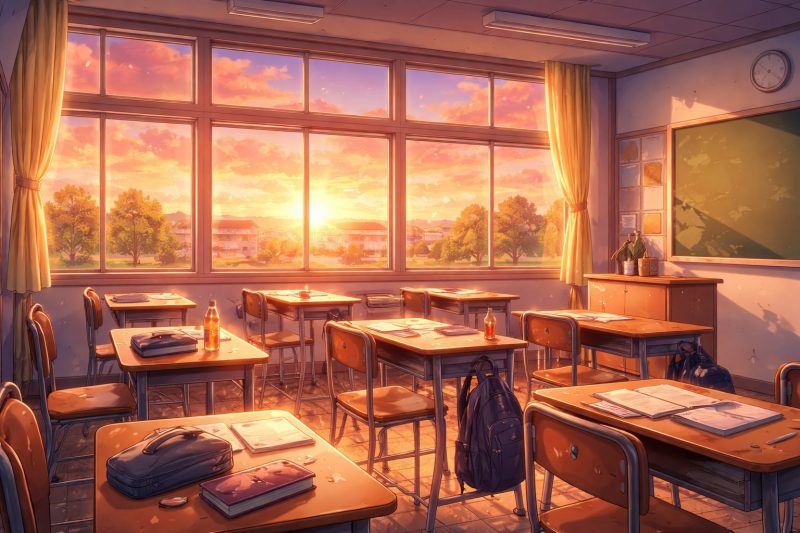 放課後の教室と夕焼け