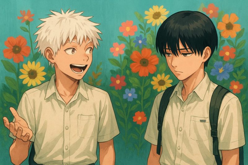 花の前で話す二人