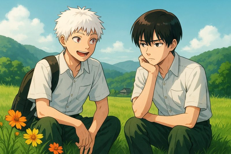 野原で会話する二人の少年