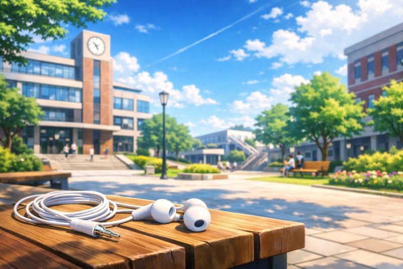 大学キャンパスとイヤホン