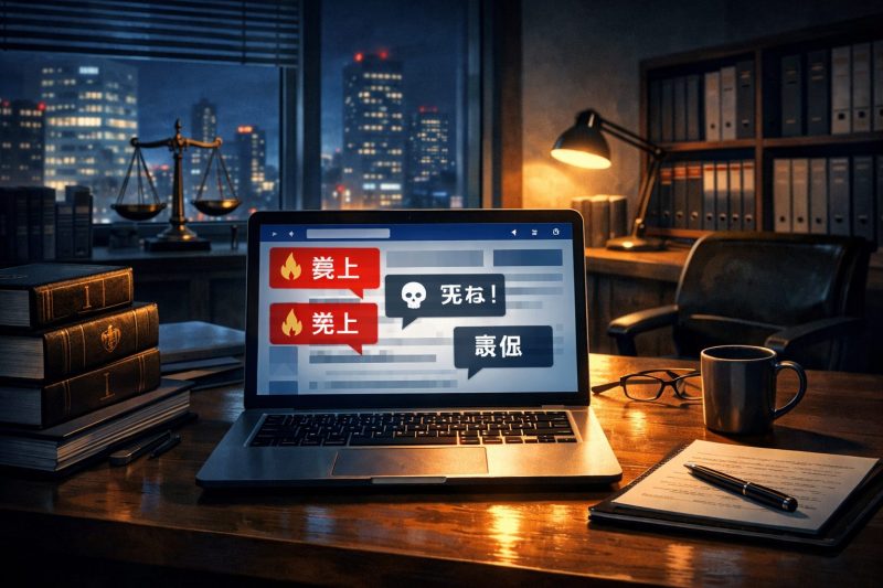 夜の弁護士事務所とSNS画面