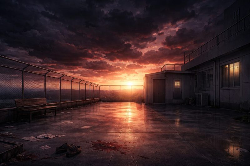 夕暮れの学校屋上と重い空