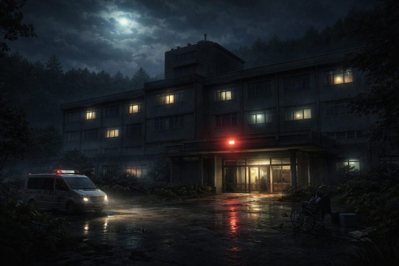 不気味な夜の病院外観