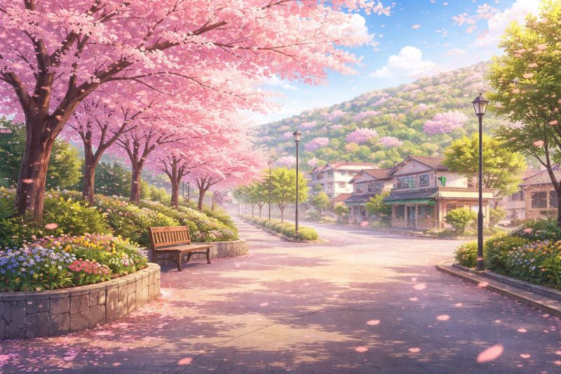 春の桜並木と街並み