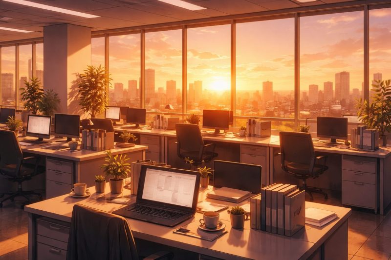 夕暮れの静かなオフィス