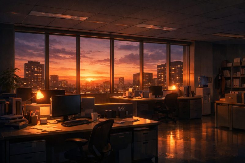夕暮れの静かなオフィス