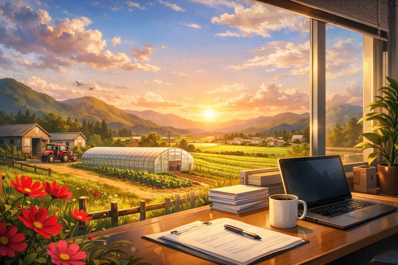 夕暮れの地方農村とオフィス