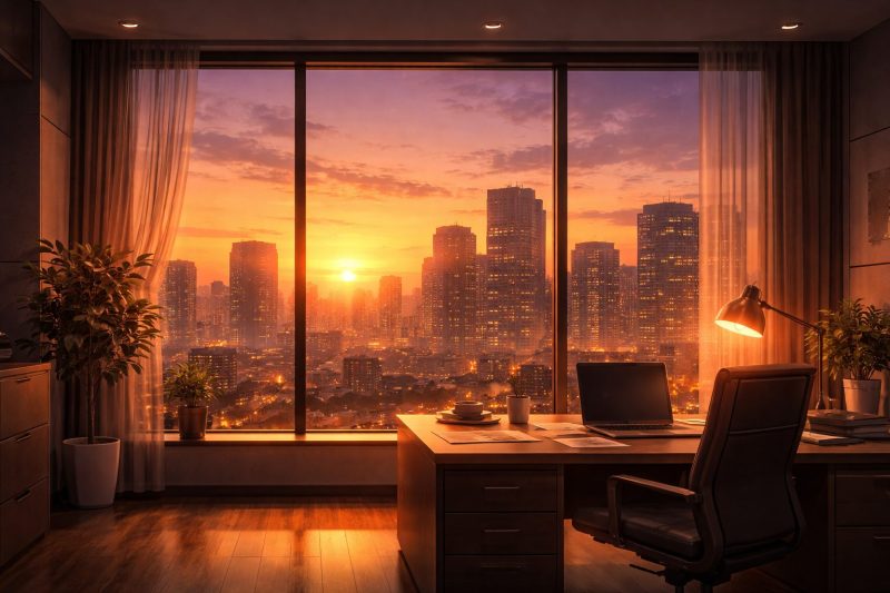 夕暮れのオフィス窓辺