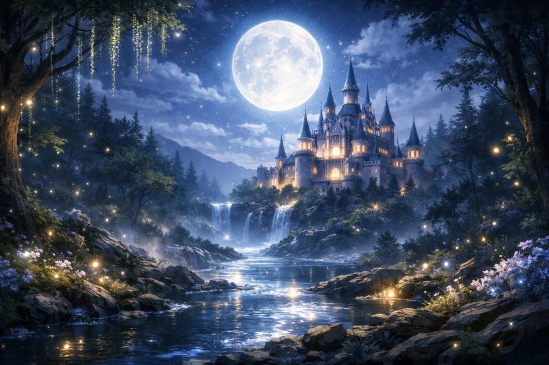 月光に包まれた王城の森