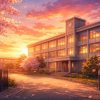 夕焼けの桜並木の高校
