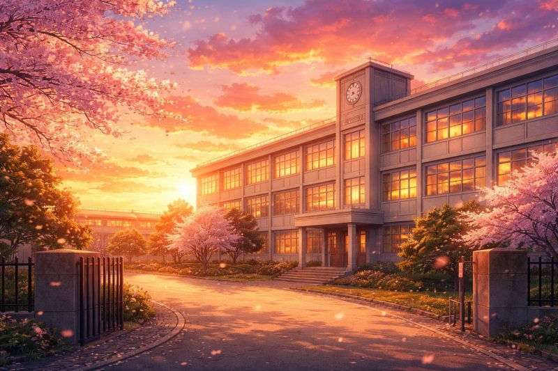 夕焼けの桜並木の高校
