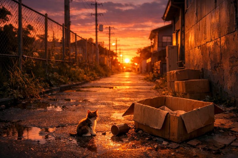 夕暮れの道と捨て猫