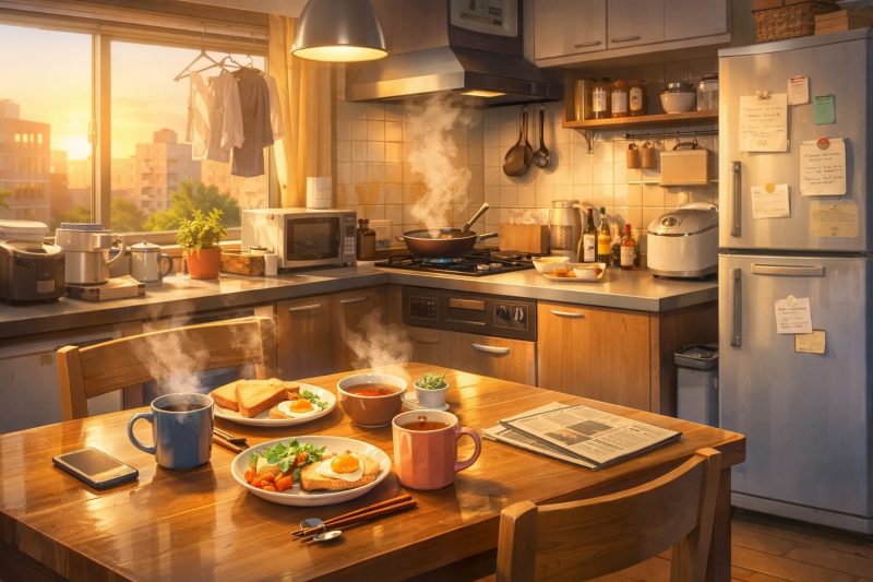 同棲キッチンの朝