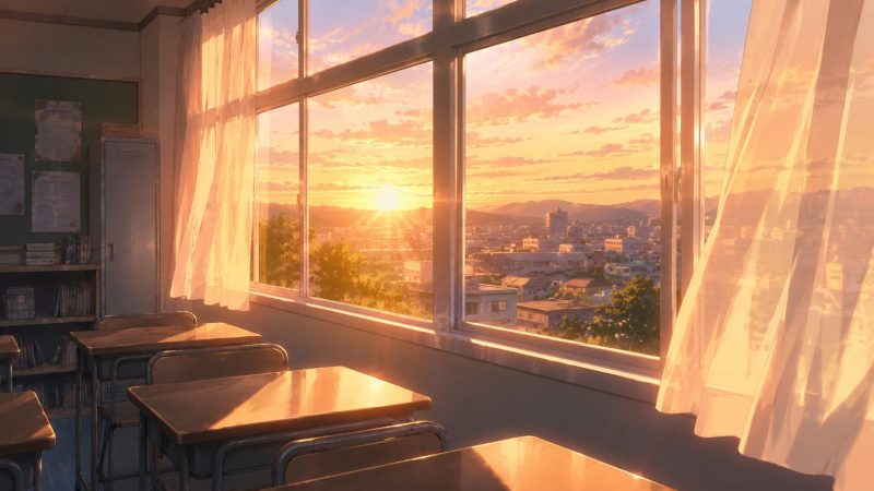 放課後の教室窓辺