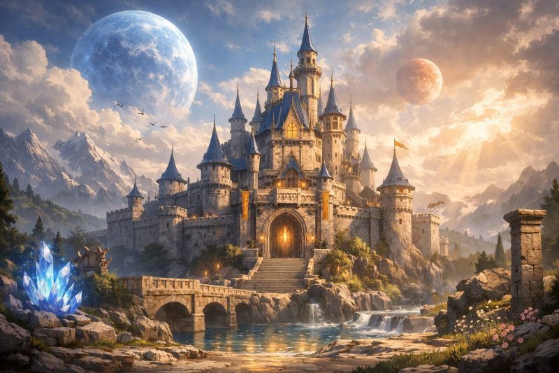 異世界の城と戦場跡の風景