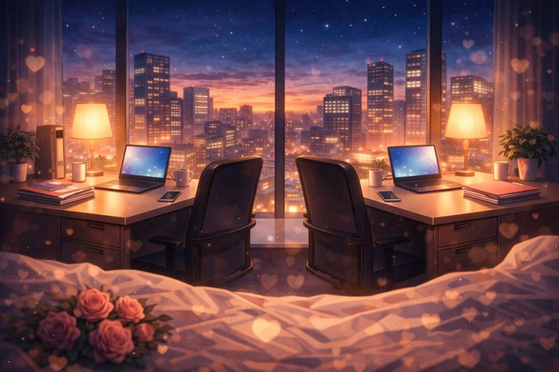 並ぶデスクと夜景