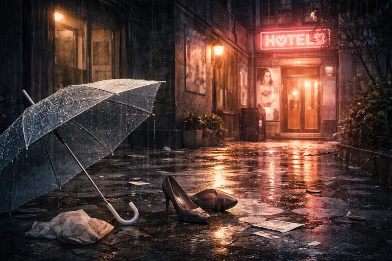 ：雨夜のホテル前の靴