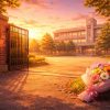 夕暮れの校門と花束