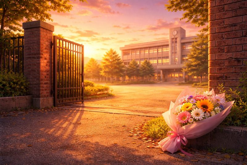 夕暮れの校門と花束