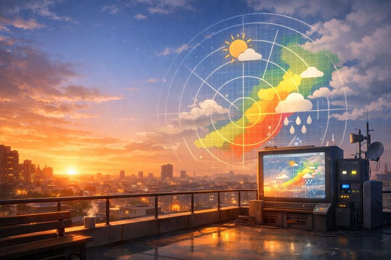 夕暮れの屋上と天気予報