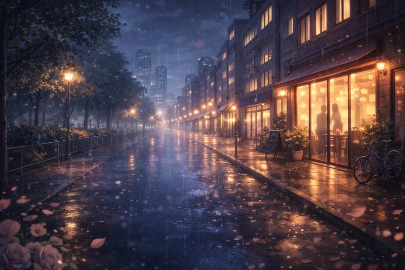 雨の夜に揺れる街並み