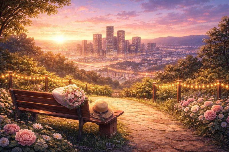 未来を感じる夕景の丘