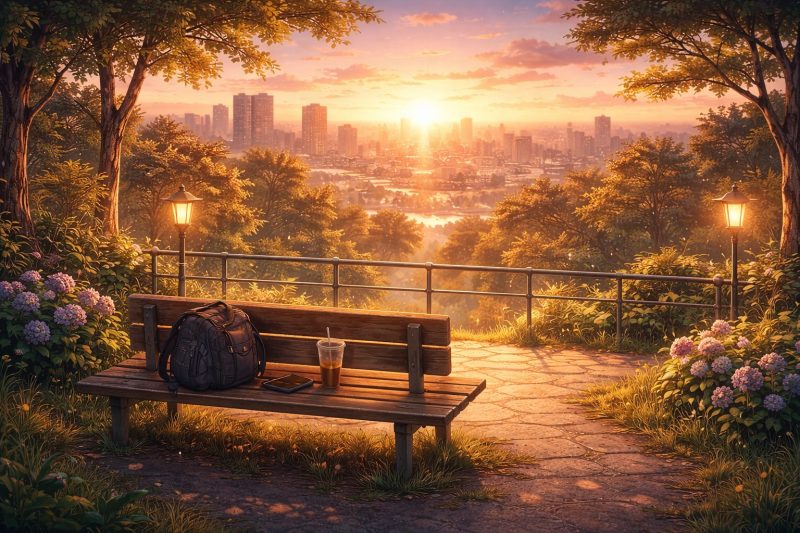 夕焼けと街を望むベンチ