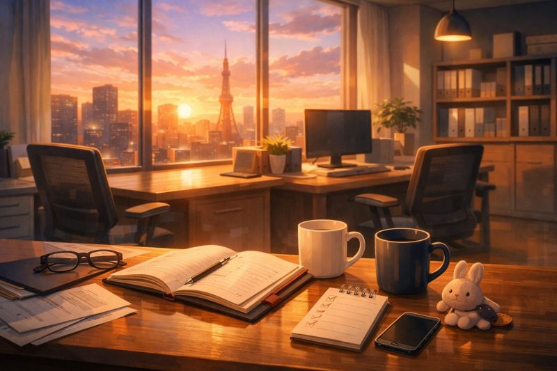 夕暮れの静かなオフィス