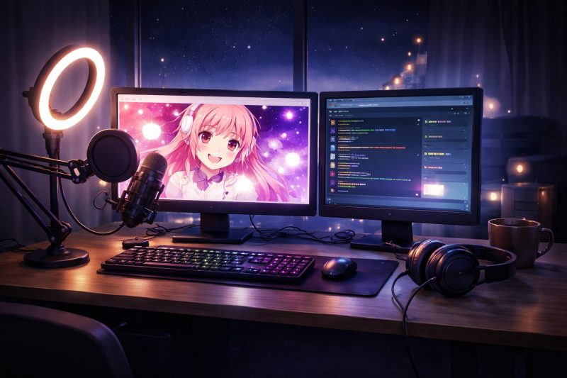 夜の配信デスク風景