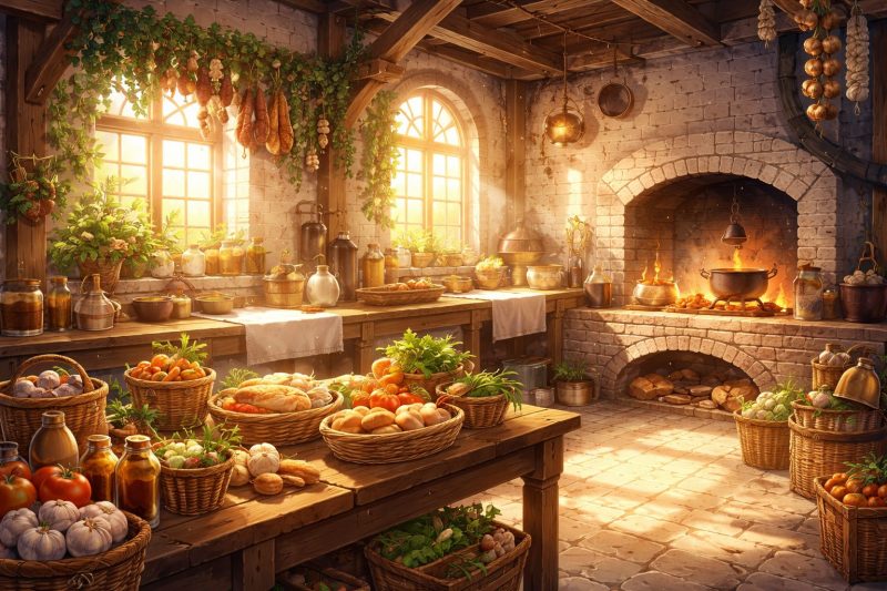 城の厨房と朝の光