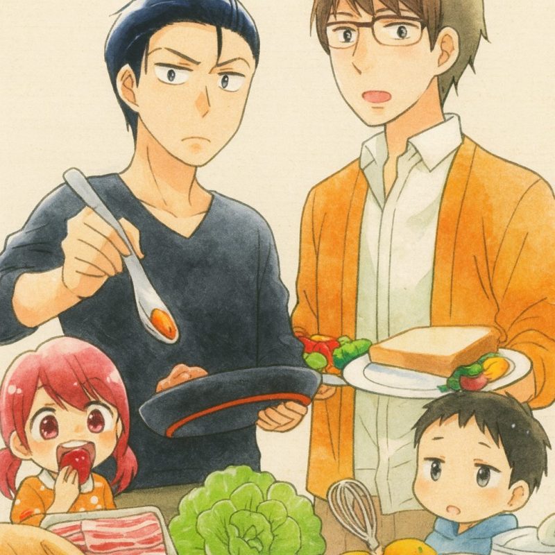 料理する二人の父親と子どもたち