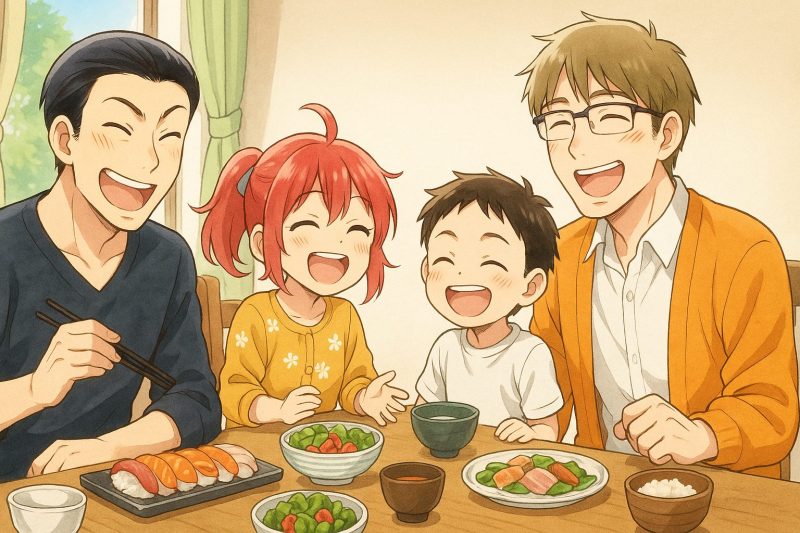 笑顔で料理を囲む家族