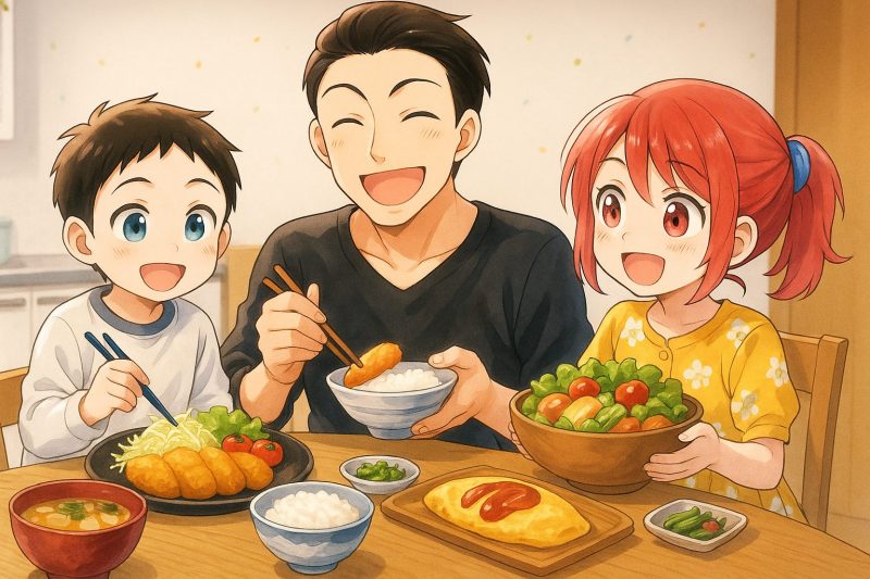 料理を囲んで笑う家族