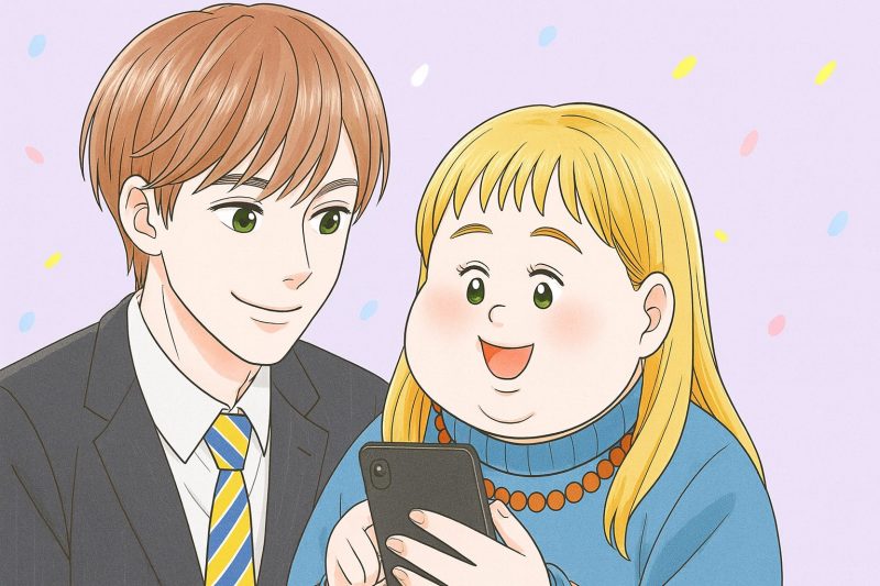 スマホを見る笑顔の二人