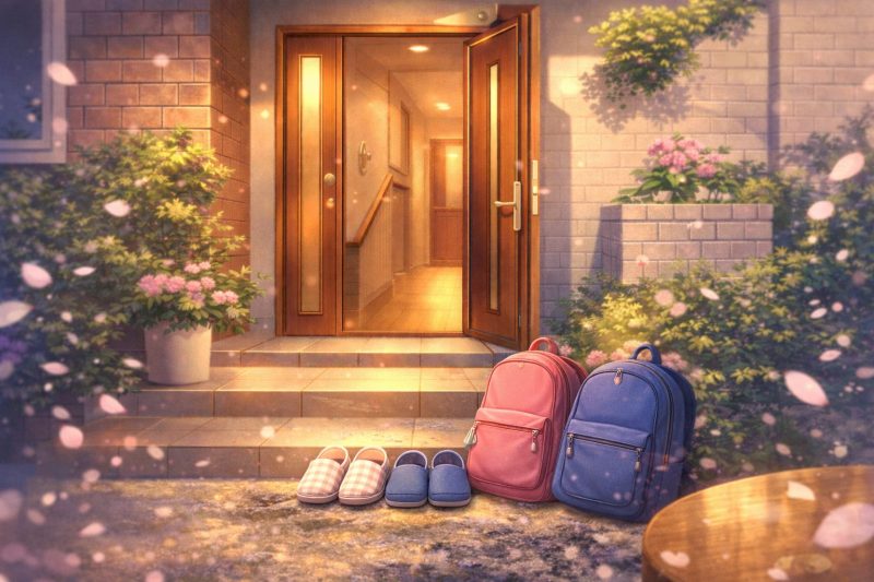玄関に並ぶ二人の荷物